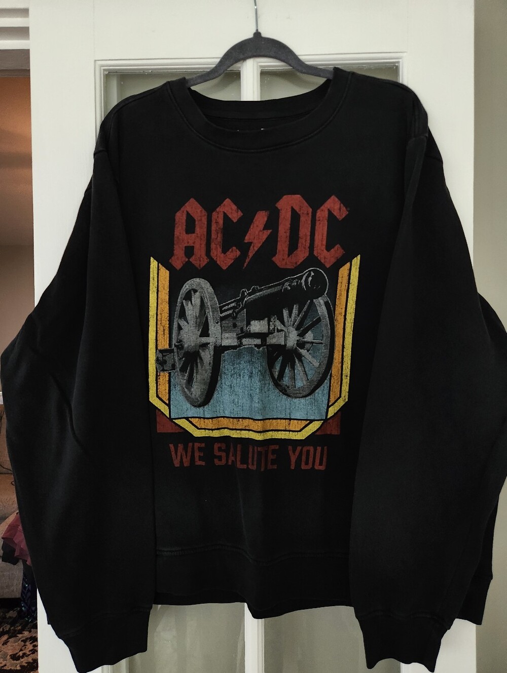Vintage AC/DC Black Crewneck with Red Logo and Multicolor Cannon Graphic